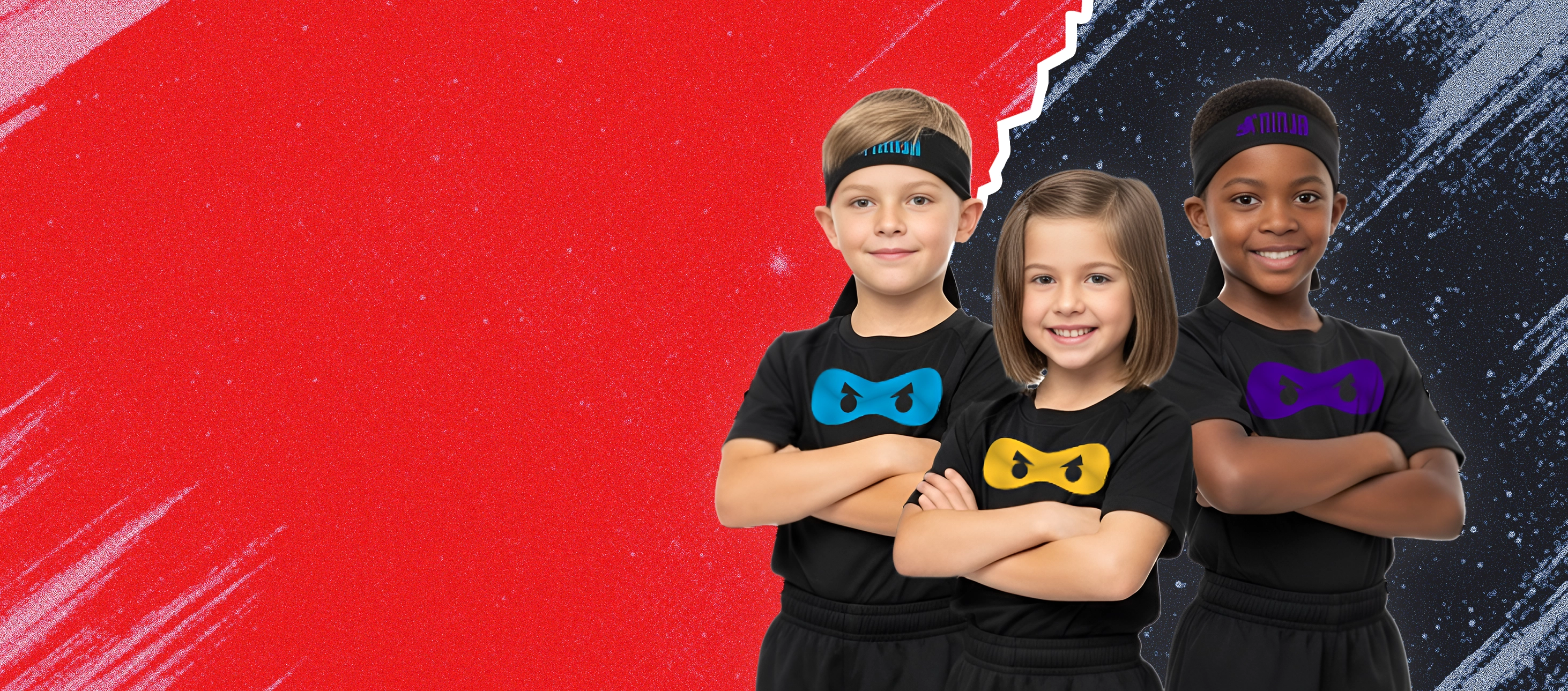 Three children wearing NinjaZone uniforms and headbands against a red and dark background