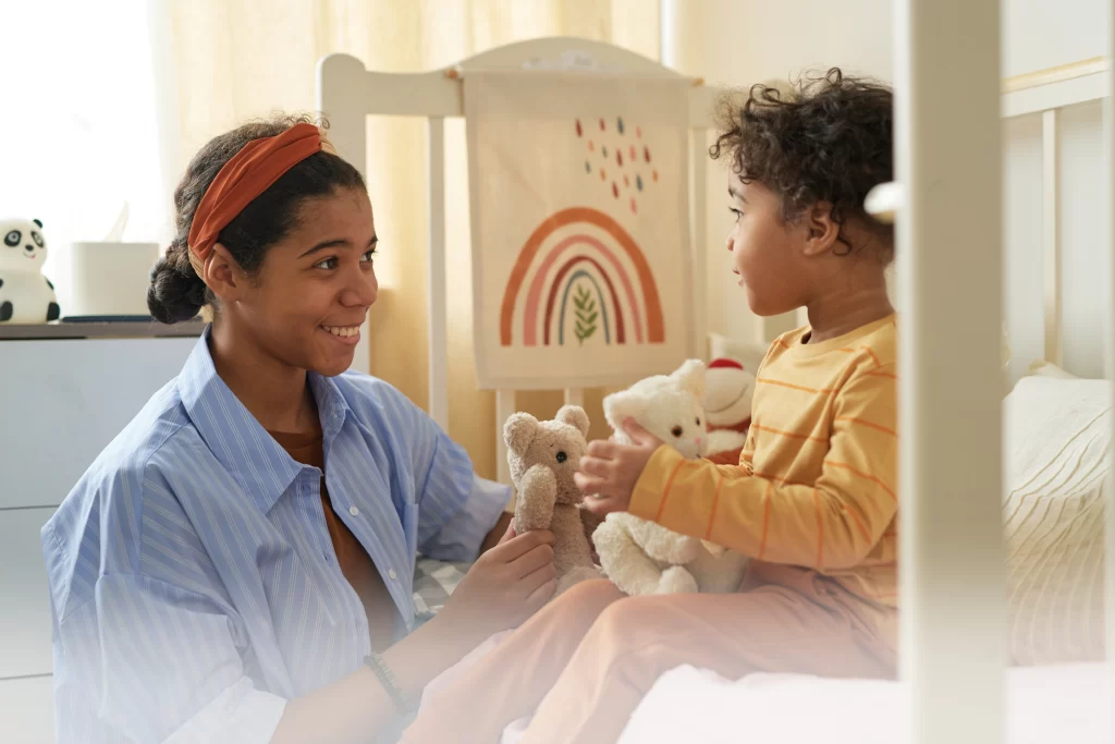 Caregiver talking with a child